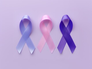 Blue, purple and pink awareness ribbons on purple lilac background. Flat lay top view. International Epilepsy Day. World Alzheimer's day, World Cancer Day, Breast Cancer awareness.