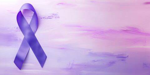 Purple awareness ribbon with copy space for text. Flat lay top view. Symbol for cancer, domestic violence. International Epilepsy Day. World Alzheimer's day. World Cancer Day. Cancer awareness symbol.