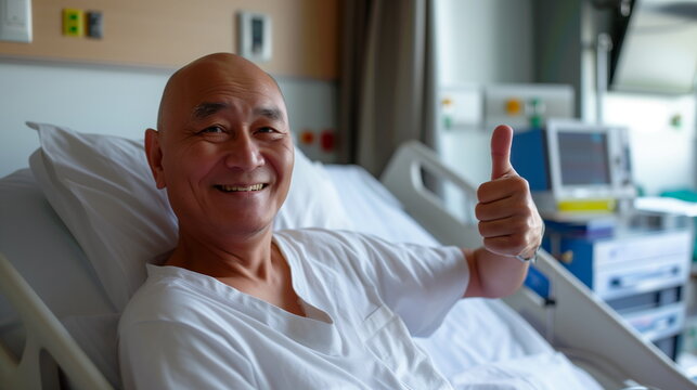 Smiling Asian Male Patient Giving Thumbs Up From Hospital Bed. Happy Middle Aged Bald Man After Chemotherapy In Hospital Bed. Cancer Treatment Success Concept. World Cancer Day