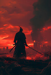 Silhouette of samurai with sword against the backdrop of burning city