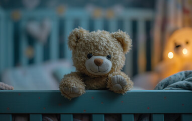 Teddy Bear Sitting on Top of a Baby Crib