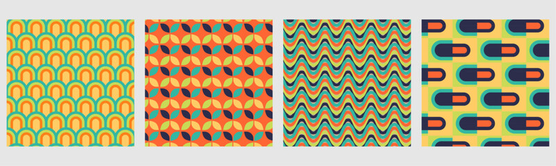 Retro seamless patterns set with abstract geometric shapes and bold forms, waves in bright colors 