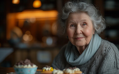 Woman Sitting at Table With a Plate of Cupcakes - obrazy, fototapety, plakaty