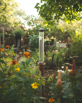 A DIY rain gauge amidst a garden, showcasing a practical and creative way to measure April rainfall