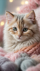 a beautiful kitten in a knitted vest surrounded by knitted items in pastel colors. Selective focus. Free space for text.