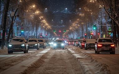 A City Street Overflowing With Snow-Covered Traffic - obrazy, fototapety, plakaty