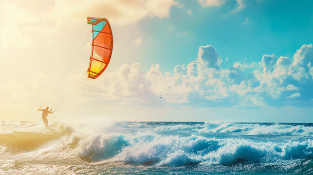 A kite surfer in action, riding the waves with a colorful kite soaring against the backdrop of the open ocean
