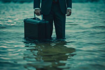 Manager in suit standing in water up to his knees