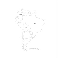 Political map of South America. Thin black outline map with country name labels on white background. Ortographic projection. Vector illustration