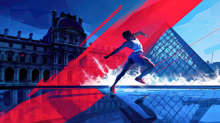 High Jumper in action on the court over blue, white and red background. Paris 2024. Sport illustration.
