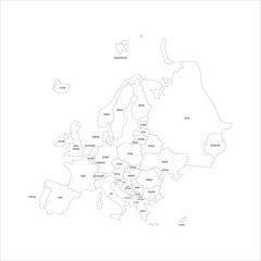 Political map of Europe. Thin black outline map with country name labels on white background. Ortographic projection. Vector illustration