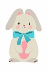 Cute flat illustration of rabbit. Rabbit with a blue bow. Easter bunny. Spring illustration