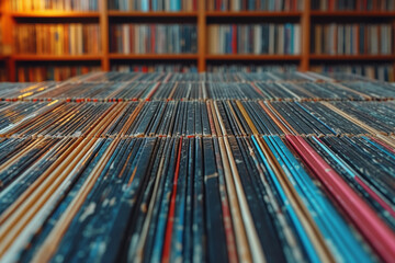 A collection of vintage vinyl records neatly arranged on a shelf, capturing the nostalgia of...