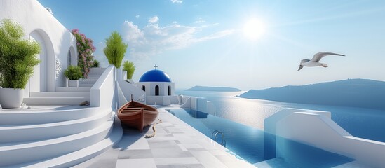 a seagull is flying over the pool at the entrance to a house in santorini island - obrazy, fototapety, plakaty