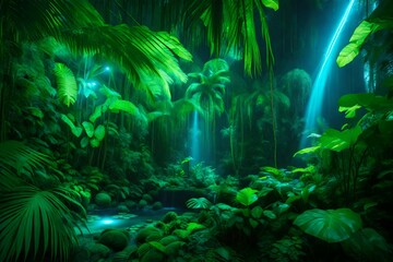 Tropical Plants Illuminated with Green and Blue Fluorescent Light. Rainforest Environment with Diamond shaped Neon Frame. 