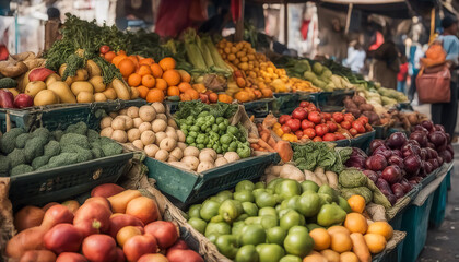 Fototapeta na wymiar Vegetables and fruits. Street vendor's shop. Plenty of ripe, low-calorie foods. AI generated