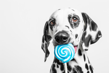 A charming Dalmatian dog holding a blue and white swirled lollipop in its mouth, against a crisp white background