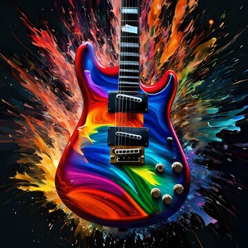 Electric guitar with rainbow paint energetic explosion, Generative AI, is not based on any original image, character or person 