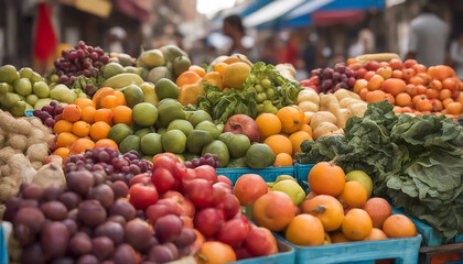 Naklejka na ściany i meble Fruits and vegetables. Street vendor stall. Lots of low-calorie ripe foods. Selective focus. AI generated