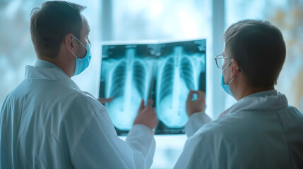 Médicos revisando una radiografia de un paciente  - obrazy, fototapety, plakaty