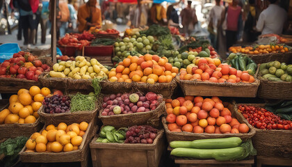 Fototapeta na wymiar Fruits and vegetables. Street vendor's shop. Lots of ripe low-calorie foods. AI generated