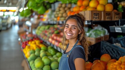 Smiling  female supermarket fruit section worker looking at the camera	