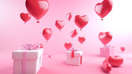 Tłum balonów w kształcie serc unoszących się nad pudełkiem prezentowym. - obrazy, fototapety, plakaty