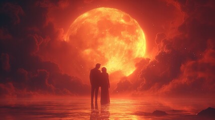 Para stoi na tle wielkiego jasnego księżyca w romantycznej scenerii chmur - obrazy, fototapety, plakaty