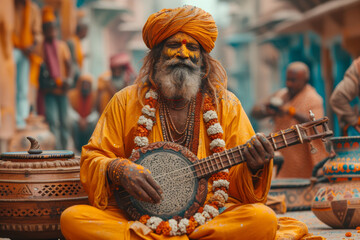 Holi celebrations taking place in a rural setting, with locals engaging in spirited song and dance,...