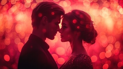 Para zakochanych tworząca serce z kształtu swoich głów na tle romantycznego stylu bokeh i różu