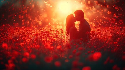 Para całująca się na polu kwiatów w dniu Walentynek, wyrażając miłość i romantyzm. - obrazy, fototapety, plakaty
