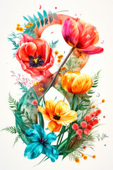 Flowers tulips, mimosa, hyacinths in the shape of the number 8 on a light background, watercolor style, vertical. International Women's Day. Postcard for March 8