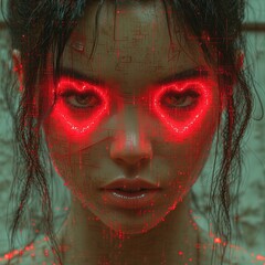 Cyberpunkowa kobieta z neonowymi sercami wokół oczu - obrazy, fototapety, plakaty