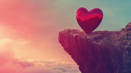 Czerwone serce leżące na szczycie klifu, symbolizujące miłość, kochanie i romans. - obrazy, fototapety, plakaty