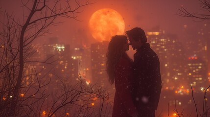 Mężczyzna i kobieta stojący przed miastem nocą, podczas obchodów Walentynek. Na tle absurdalnie dużego rozświetlonego księżyca - obrazy, fototapety, plakaty