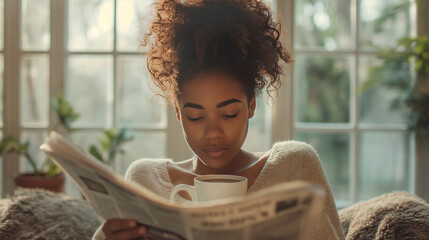 Woman Reading Newspaper and Holding Cup of Coffee - obrazy, fototapety, plakaty