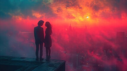 Para stojąca na szczycie budynku na tle miasta w gęstym różowym dymie, obchodząca Walentynki, wyrażająca miłość i romantyzm.