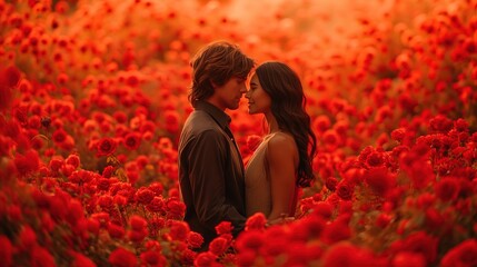 Para stojąca na polu czerwonych kwiatów podczas romantycznego spaceru w czasie Walentynek. - obrazy, fototapety, plakaty