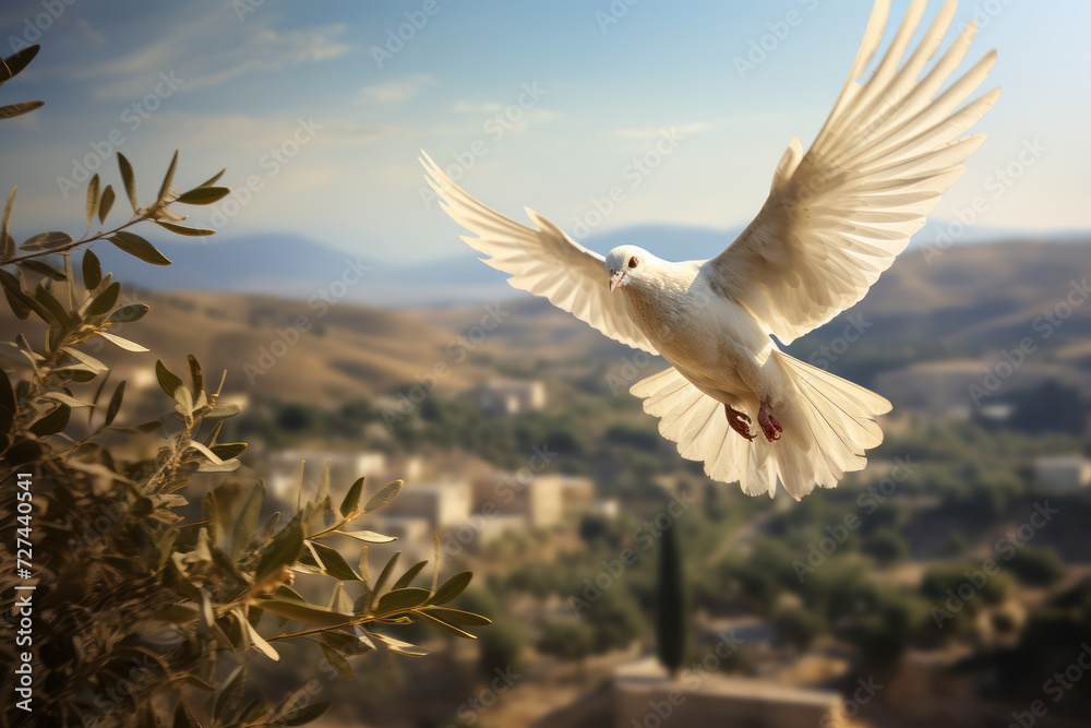 Wall mural A dove carrying an olive branch over a digital landscape, symbolizing peace and reliability in the digital world. Generative Ai.