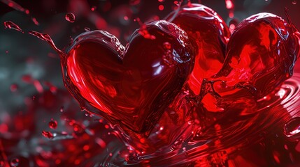 Dwa soczyste czerwone serca wpadają pod kątem do wody - obrazy, fototapety, plakaty