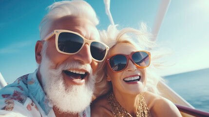 Starsza para zakochanych bawi się na łodzi na oceanie w okularach przeciwsłonecznych - obrazy, fototapety, plakaty