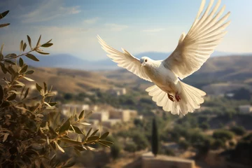 Fototapeten A dove carrying an olive branch over a digital landscape, symbolizing peace and reliability in the digital world. Generative Ai. © Sebastian