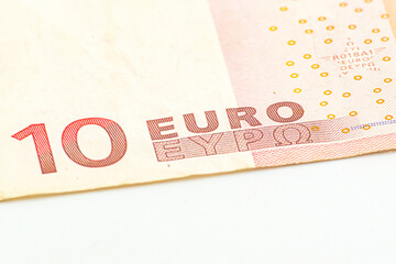 10 Euros banknote detail shot. Close up macro detail of EURO money banknotes, detail photo of EURO. World money concept, inflation and economy concept