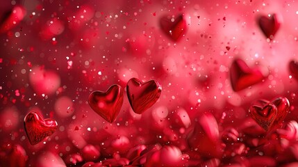 Na zdjęciu widać wiele czerwonych serc unoszących się w powietrzu, które odzwierciedlają temat miłości, kochania oraz romansu. - obrazy, fototapety, plakaty