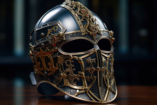 A knight's helmet closed, with a mirror-like visor, reflecting the concept of introspective security. Generative Ai.