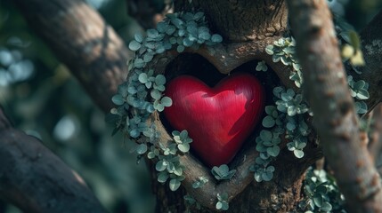 Czerwone serce w dziupli w kształcie serca wydrążone w drzewie wśród liści i gałęzi  - obrazy, fototapety, plakaty