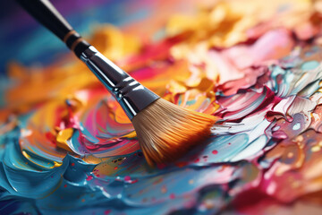 A paintbrush painting colorful musical notes, blending art and music creatively. Concept of...
