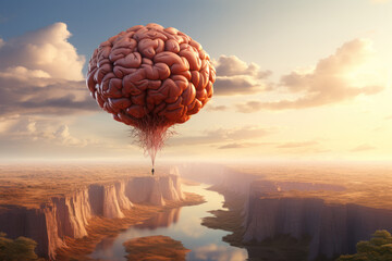 A brain-shaped balloon floating above a landscape, implying lofty and imaginative thinking. Concept of high creativity. Generative Ai.