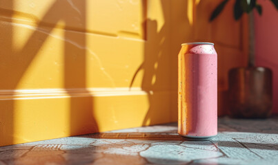 Mockup. Yellow wall. Pink tin can