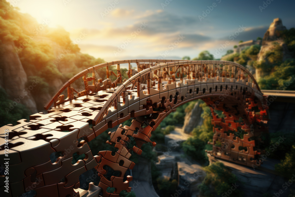 Poster a bridge made of puzzle pieces, denoting the connection of different ideas and solutions. concept of